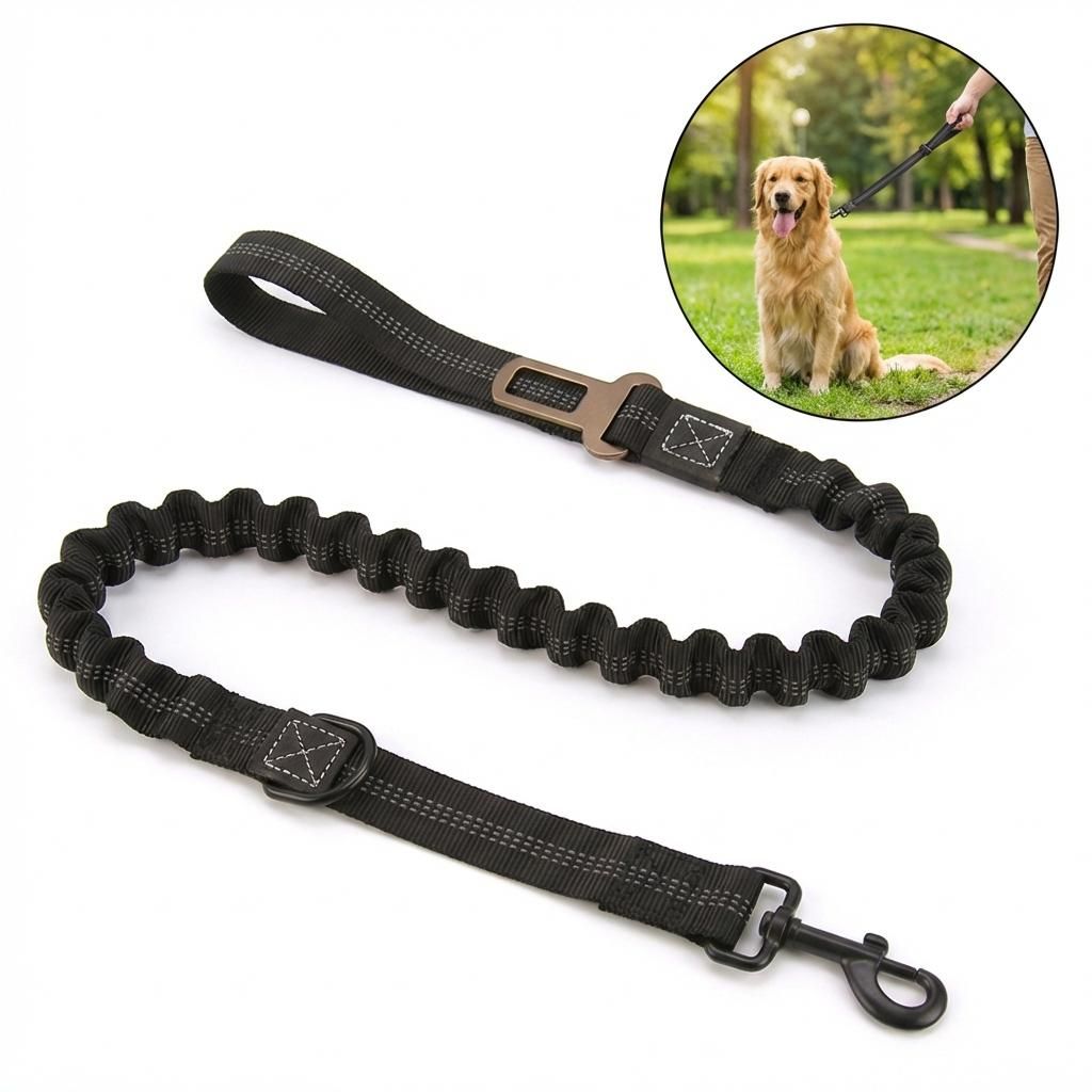 Hunde Sicherheitsgurt fürs Auto, elastische Leine, reflektierend, 125cm, Schwarz