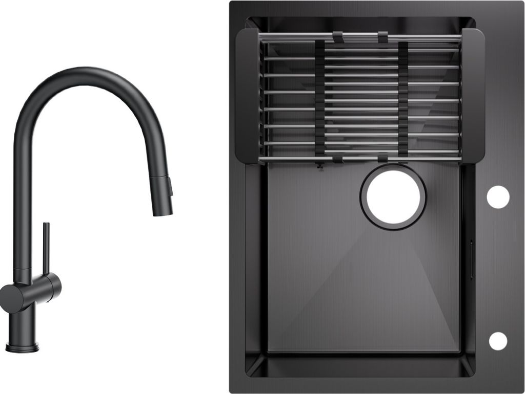 Küchenspüle aus Edelstahl 60x45cm Aufsatzwaschbecken Anthrazitschwarz mit Ausziehbarer Küchenarmatur mit 2 Strahlarten Schwarz Hohe 425MM