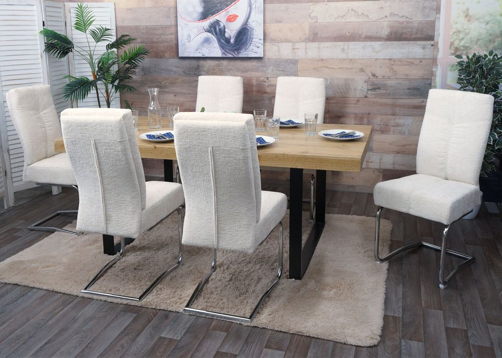 6er-Set Esszimmerstuhl MCW-G56, Küchenstuhl Freischwinger Stuhl Lehnstuhl, Metall Stoff/Textil Chenille creme
