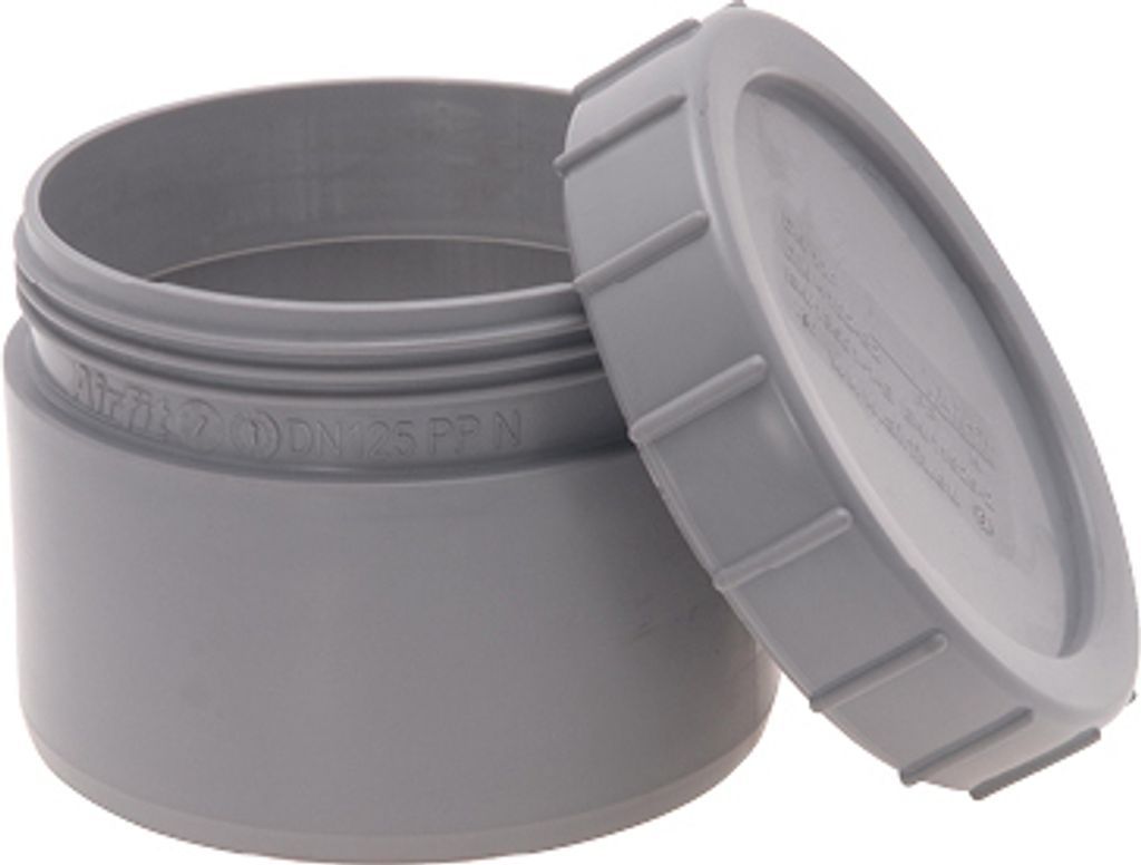 A gray plastic end cap with a screw-on lid, shown with the lid slightly ajar.