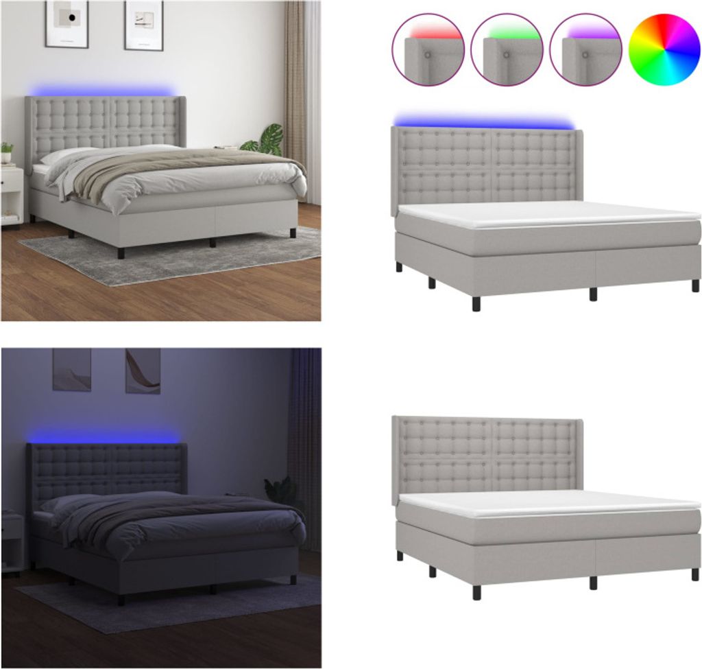 vidaXL Boxspringbett mit Matratze & LED Hellgrau 160x200 cm Stoff - Boxspringbett - Boxspringbetten - Bett - Schlafzimmermöbel
