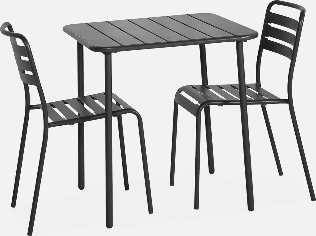 A black metal garden table with two chairs, set against a plain white background.
