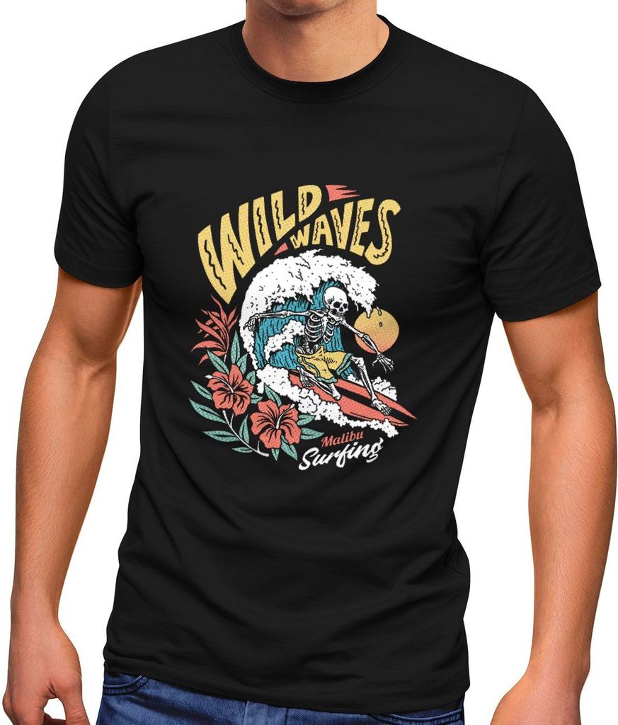 Neverless Herren Surfing Skull Malibu Wild Waves Wellen Sonne Strand T-Shirt Fashion Streetstyle schwarz XXL