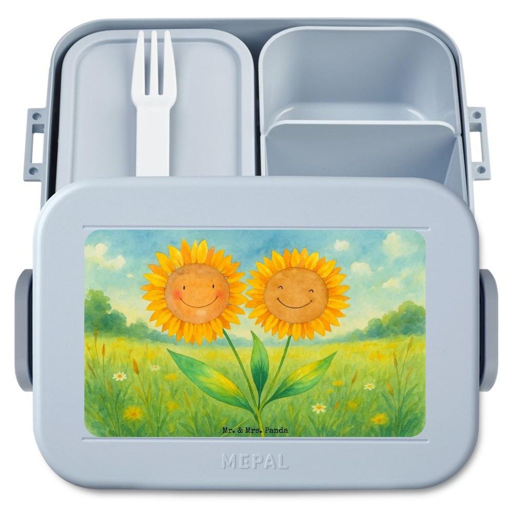 Mr. & Mrs. Panda Bentobox Blume Sonnenblume Design - Blau Pastell - Geschenk, Sonnenblumen, Freundin, Sommer Deko, Lieblingsmensch, Beste, Snackbox...