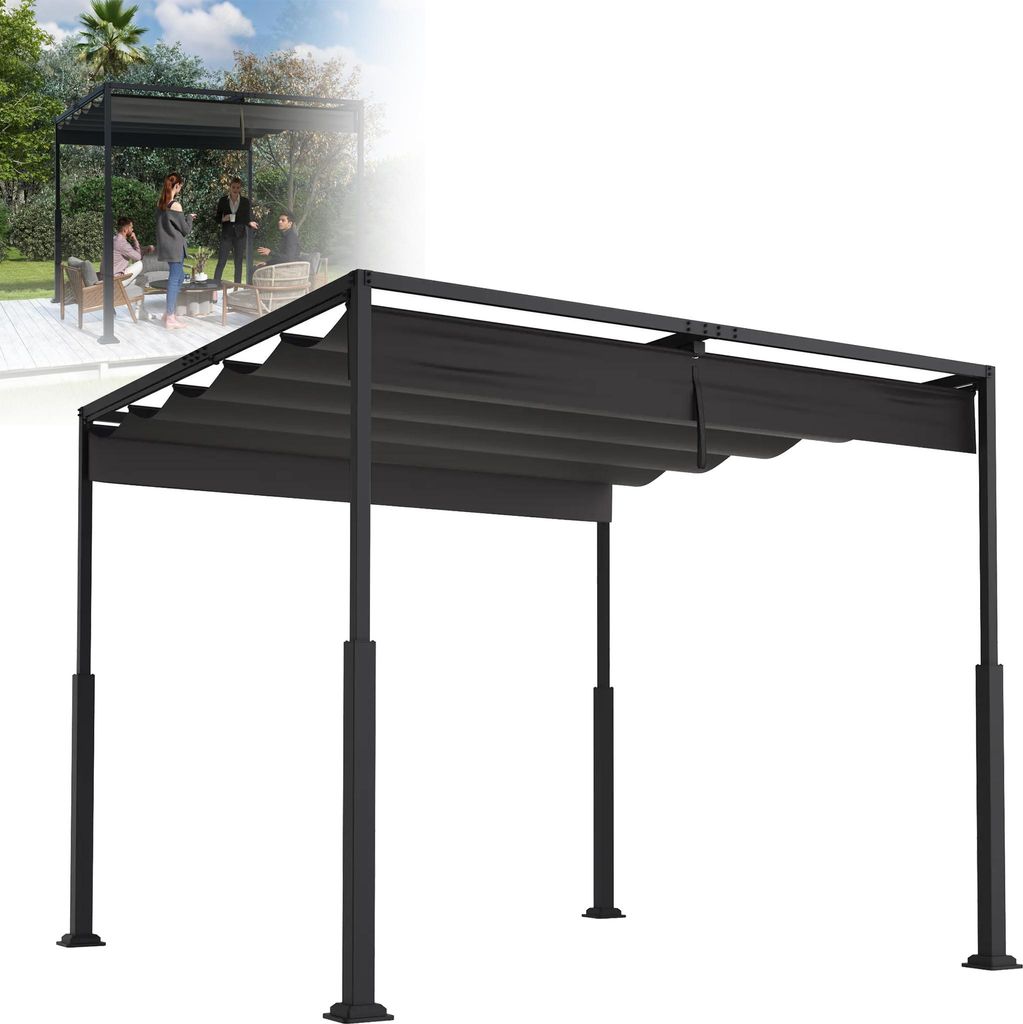 LZQ Freistehende Pergola mit Schiebedach, 3×4 m, Pulverbeschichteter Stahl, UV- und Wasserdicht, Wetterfester Gartenpavillon mit Flexiblem Sonnens...