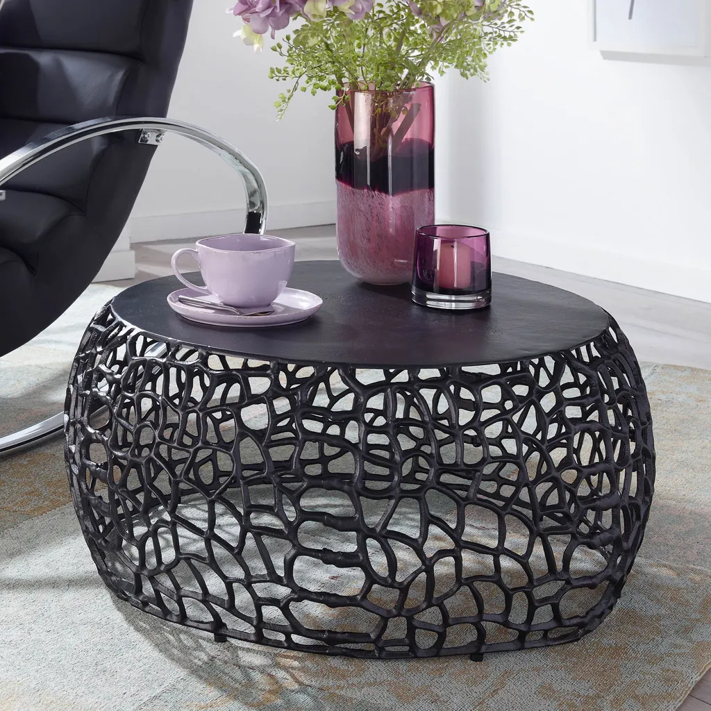 Table basse ronde noire pour salon moderne Rootz motif nœuds 66cm