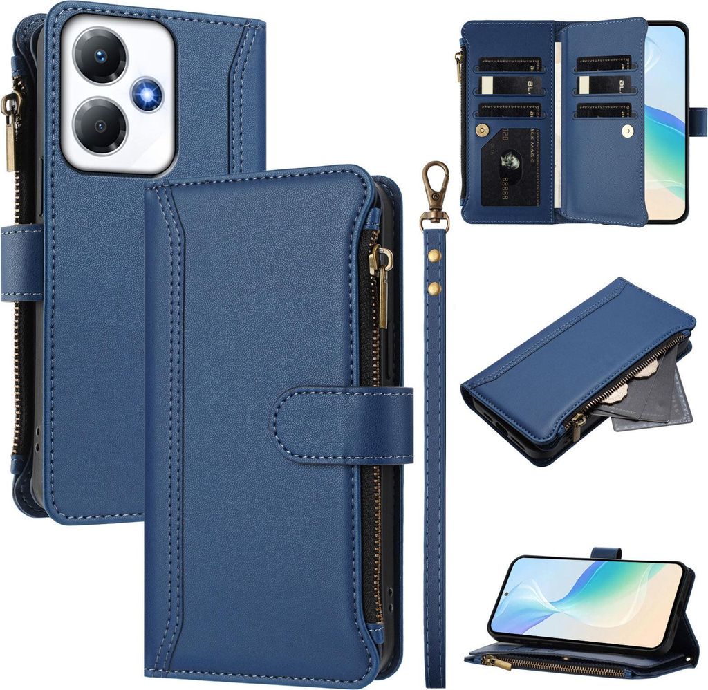 Handyhülle für Infinix Hot 30 Play NFC Reißverschluss Geldbörse Kunstleder Klapphülle mit Kartensteckplatz, Ständer, Handschlaufe Dunkelblau