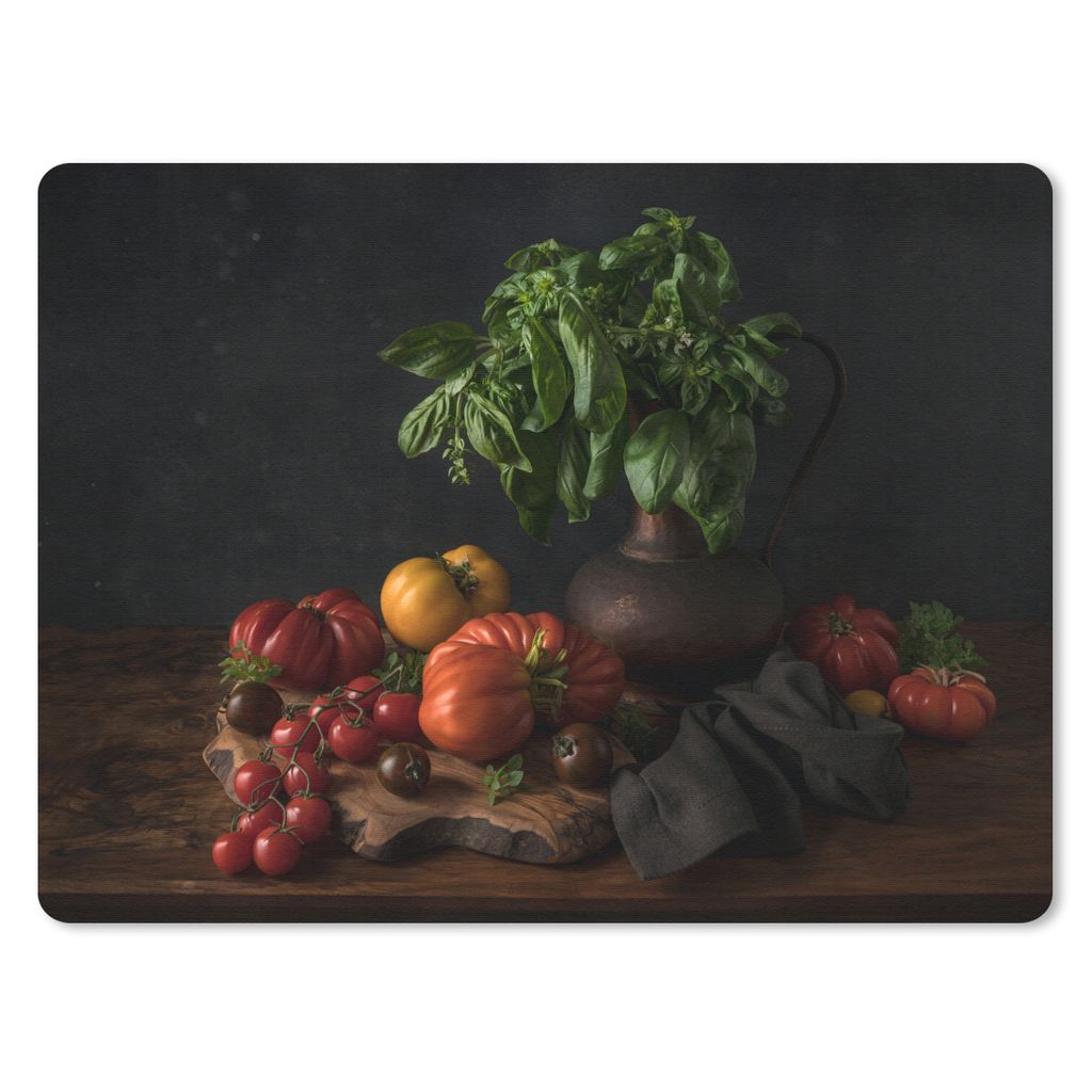 MuchoWow Mauspad Mousepad Stilleben - Tomaten - Basilikum - Gemälde - Gemüse - Schwarz 23x19 cm - Mousepads - Maus Mat - Pad - Mausunterlage - ...