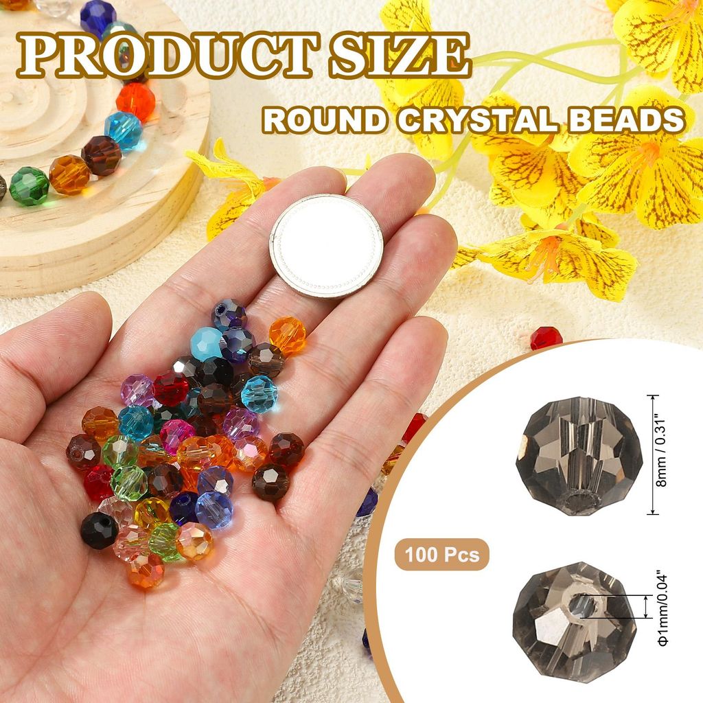 8mm runde Kristallperlen, 100 Stš¹ck Glas facettierte Kugelperlen lose Abstandperle fš¹r die Schmuckherstellung Armband Halskette Ohrringe, Grau