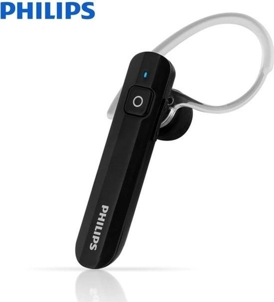 A black Philips mono Bluetooth headset is shown against a white background.