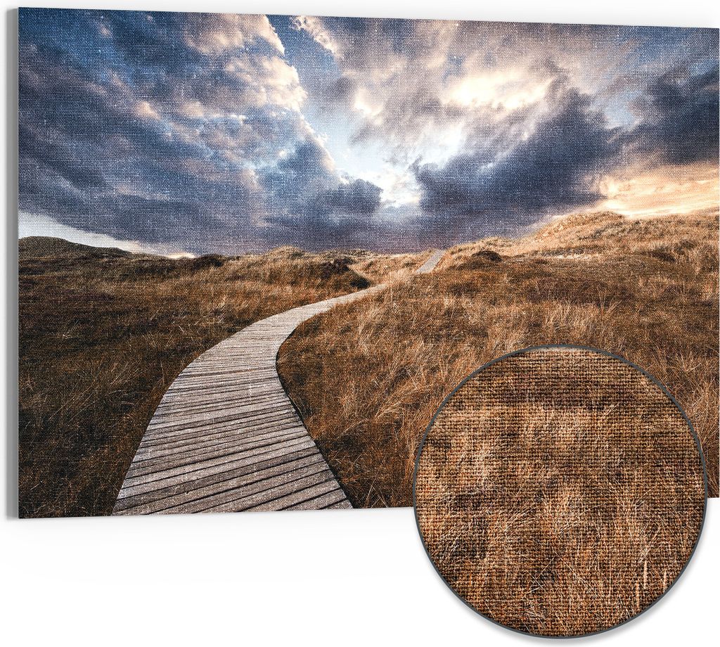 DEQORI Hybrid Leinwand Bild 90x60 cm 'Goldener Pfad' Wandbild Glas flach modern