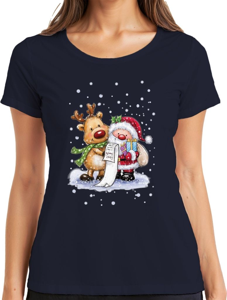 Santa Klaus Rudolf Rentier Schnee - Weihnachten Weihnachtsgeschenk Christmas Damen T-Shirt, Navy, M