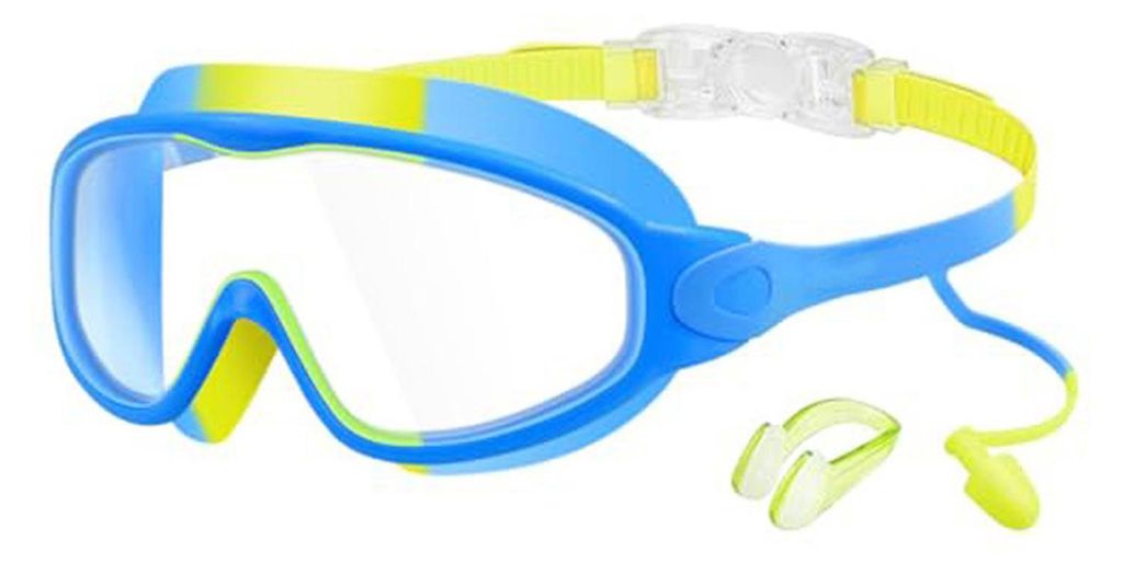 Schwimmbrille für Kinder mit Nasenclip und Ohrstöpseln, beschlagfrei, UV-Schutz, bruchsichere Gläser für Jungen und Mädchen