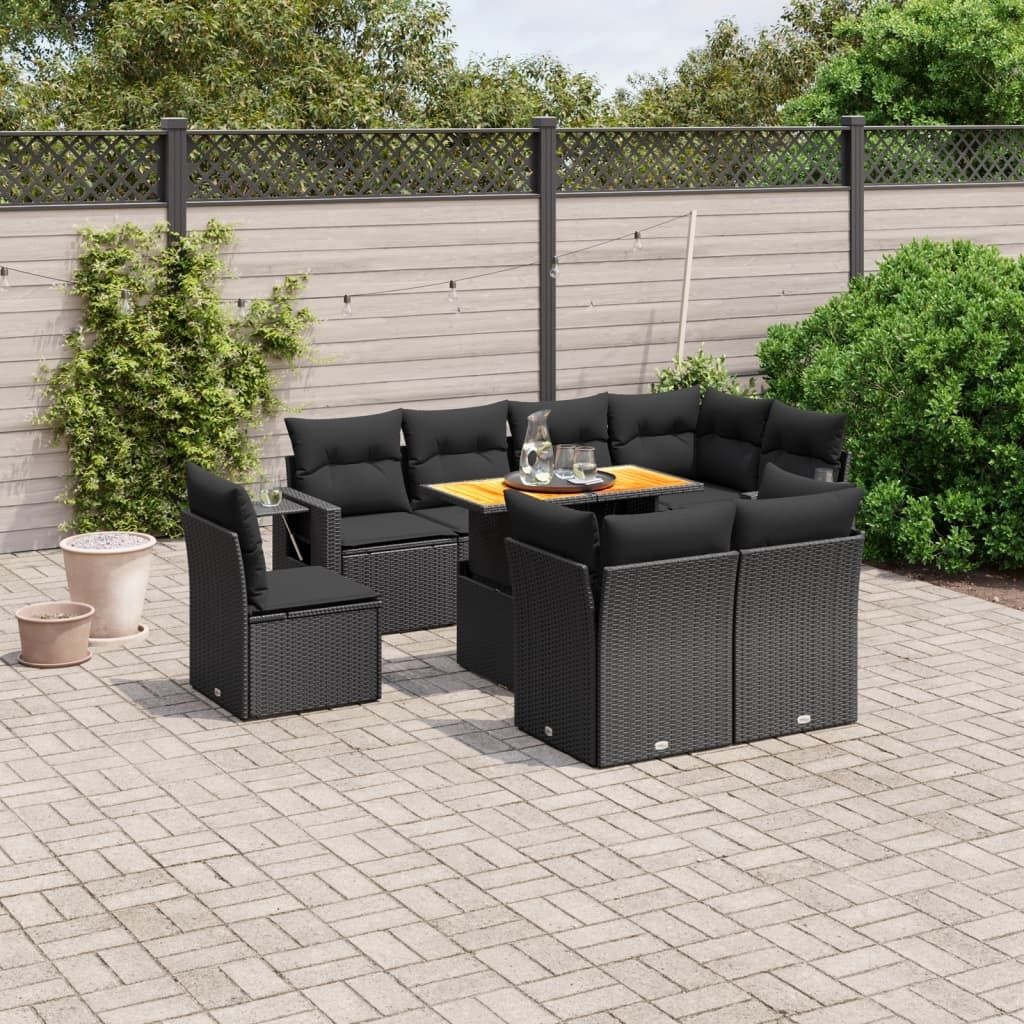 Design 9-tlg. Garten-Sofagarnitur mit Kissen Schwarz Poly Rattan, Gartenmöbel-Sets 2024 Neu