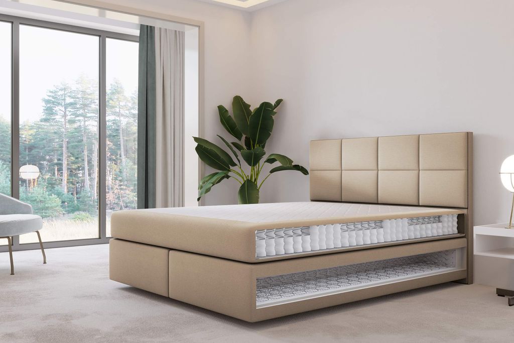 TRADA Mallorca Boxspringbett 160x200 Beige Pocket Matratze 9-Zonen Schwebebett