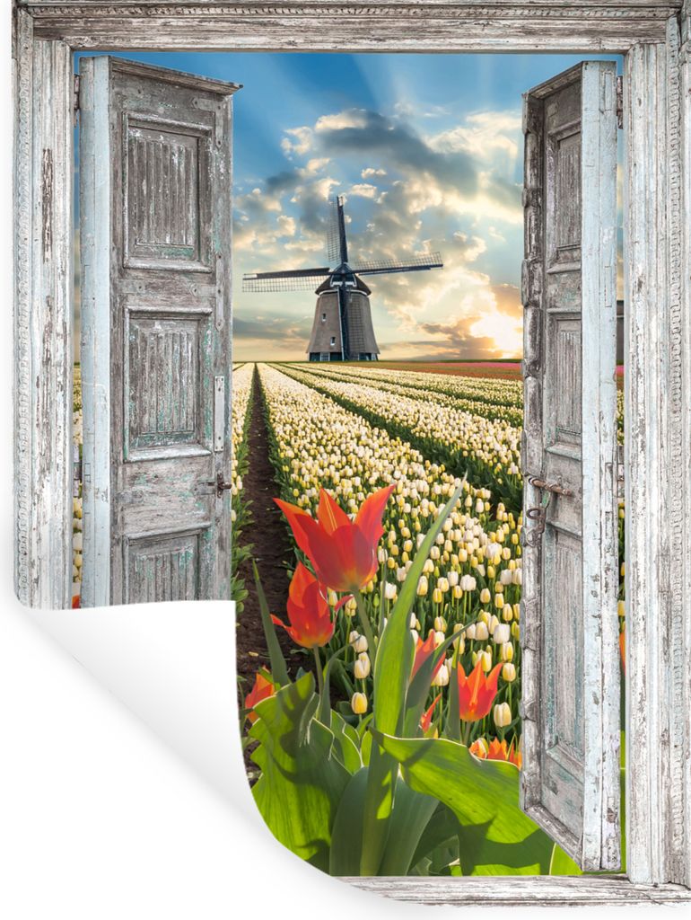 MuchoWow Wandtattoo Wandsticker Wandaufkleber Blumen - Mühle - Frühling - Ausblick 60x80 cm Selbstklebend und Repositionierbar - Repositionierb...