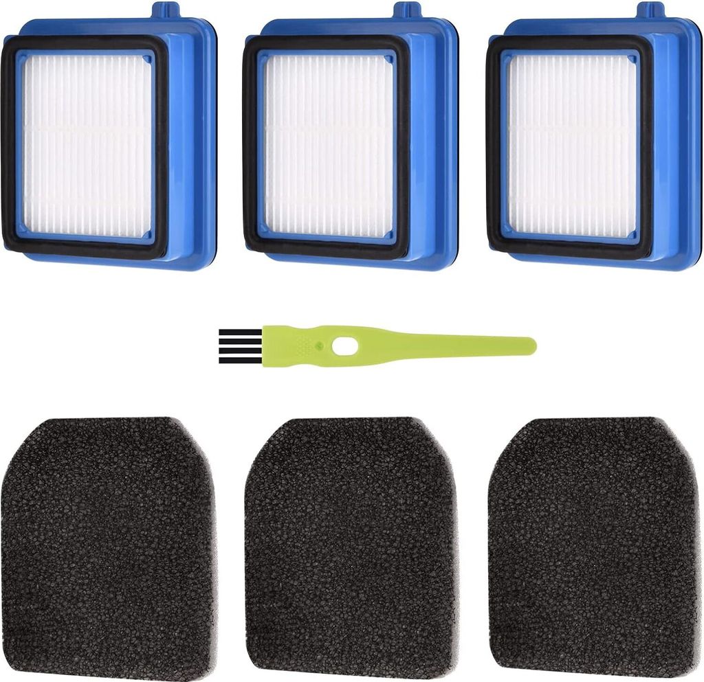 A set of vacuum cleaner filters and a cleaning brush are displayed against a white background.
