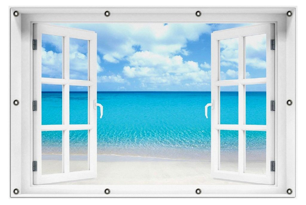 Outdoor-Poster für Garten oder Balkon mit Motiv Sandstrand und blauem Meer, Größe: ca. 100 x 150 cm mit Fenster-Illusion