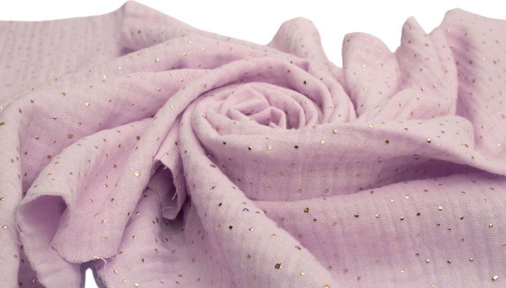 Tissu en mousseline de coton à pois dorés, double gaze, Image du produit 
