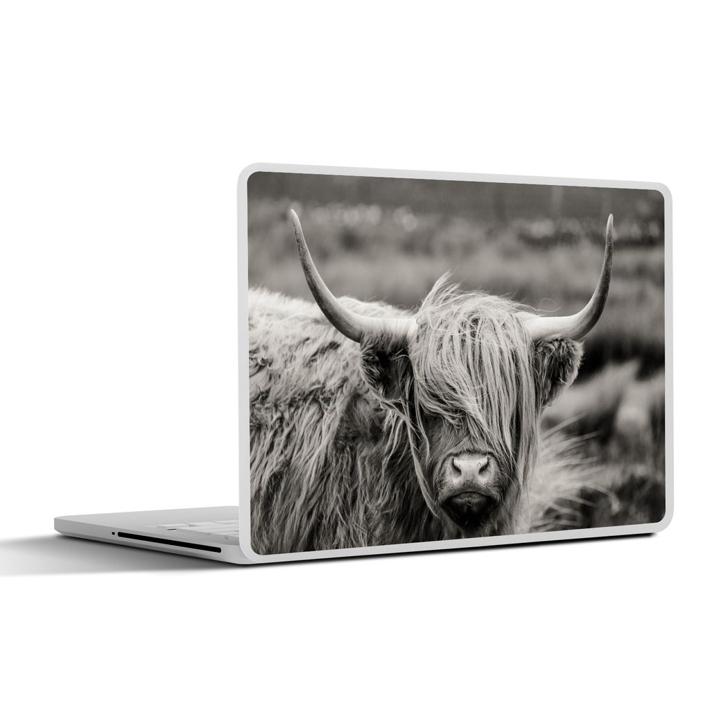 MuchoWow Laptop Aufkleber Sticker Cover Schottischer Highlander - Kuh - Tiere - Schwarz-Weiß - Ländlich 32.5x23.5 cm - Sticker für Laptop - Se...