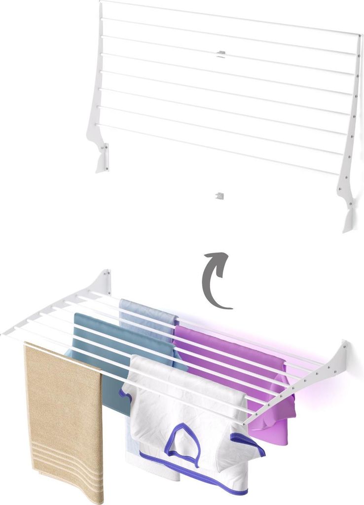 A wall-mounted drying rack shown in two states: folded and unfolded with laundry.