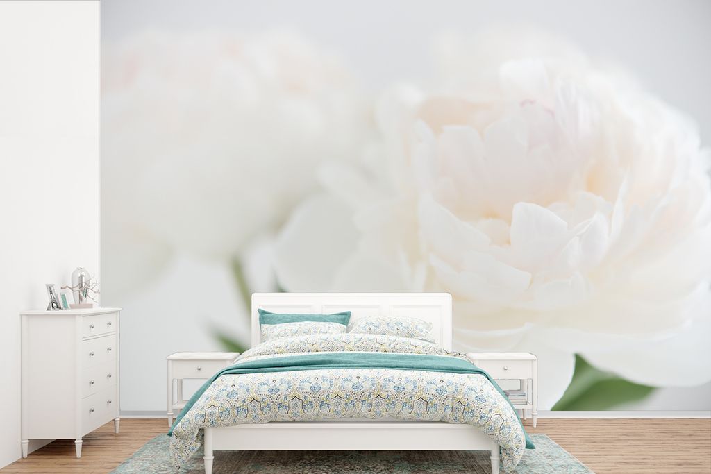 MuchoWow Fototapete für Wohnzimmer oder Schlafzimmer Wandtapete Vinyl Motivtapete Ein Blumenstrauß mit weißen Pfingstrosen - 330x220 cm - Foto...