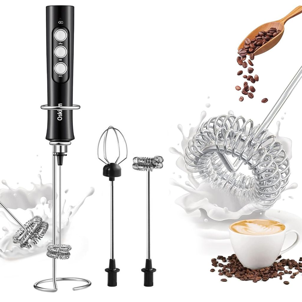 Elektrische Milchschäumer,Eier Schlagen mit 2 Rührköpfen,USB-Ladestation und Ständer,Milch Schläger mit 3 Geschwindigkeiten, Edelstahl