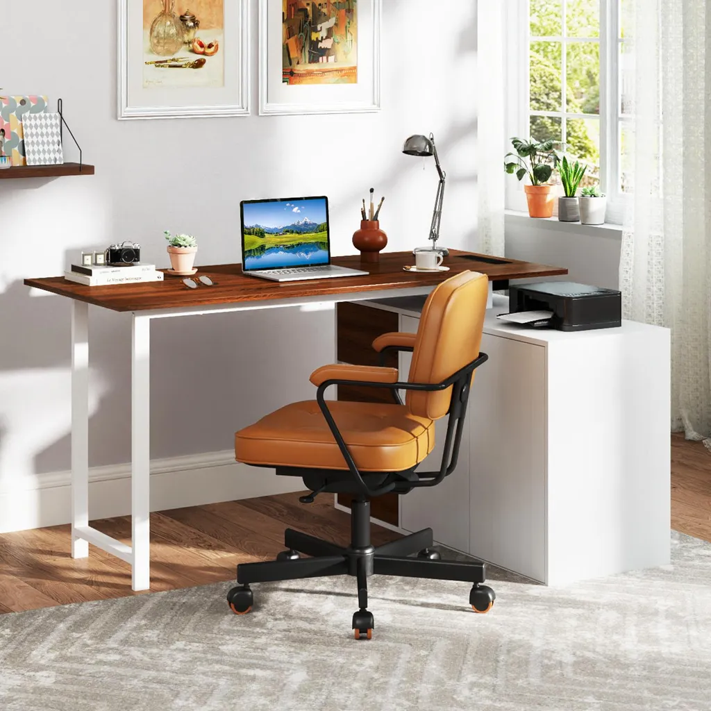 Table d'ordinateur d'angle réversible avec rangements et prises USB Brun