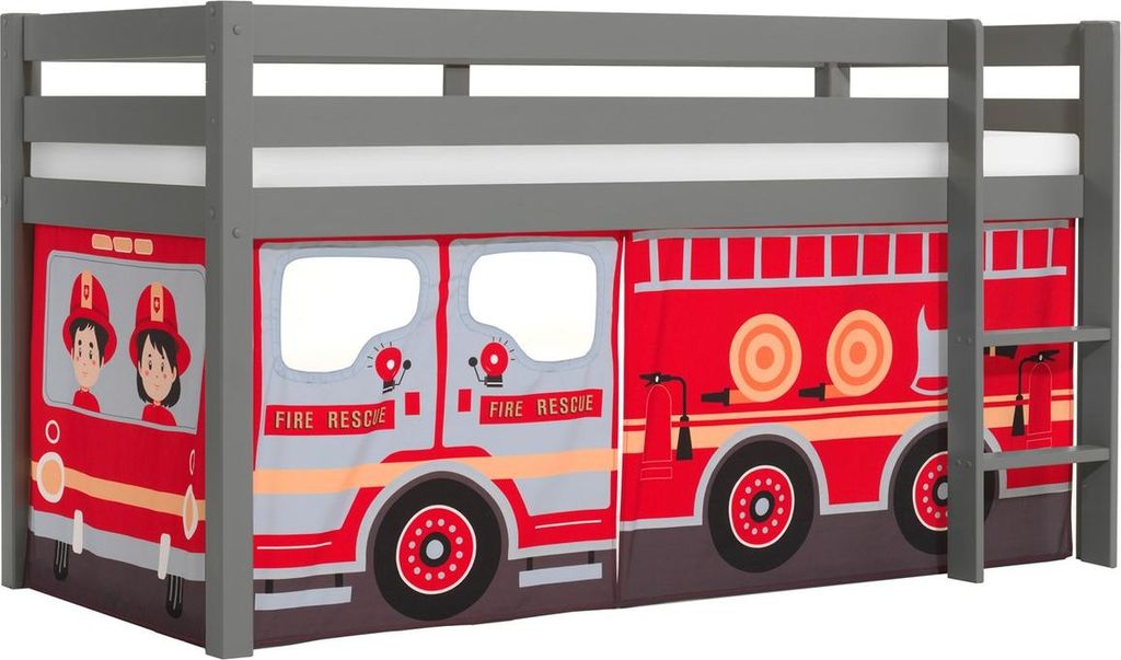 Halbhohes Bett Pino mit Textilset Feuerwehr Kiefer Grau lackiert