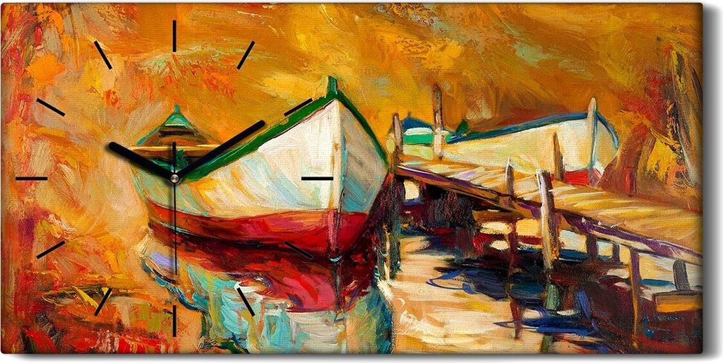 Dekor Leinwand Uhr Wandbilder Geräuschlos 60x30 Oranges Meer Boote und Pier - schwarze Hände