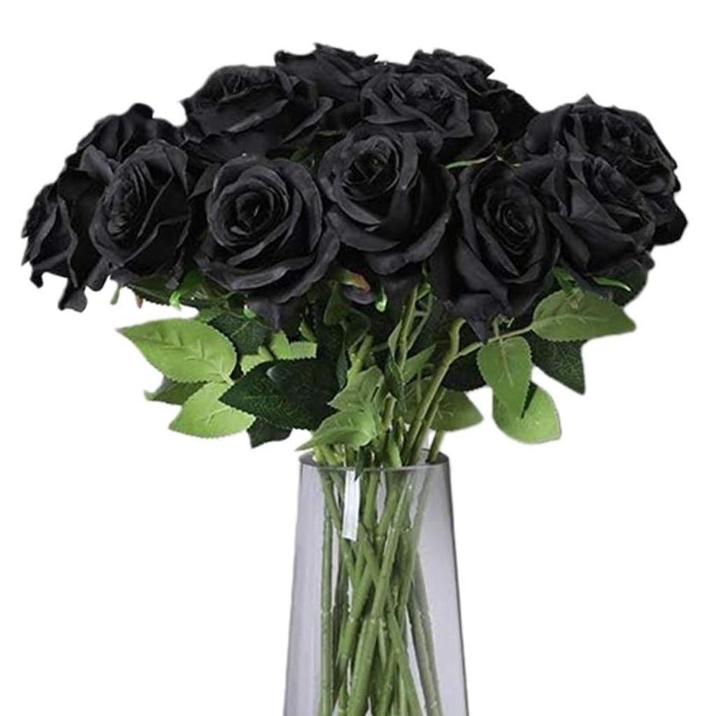 Strauß aus 12 künstlichen Rosen, schwarze künstliche Rosen, langstielige Dekoration, realistische Plastikrosen für Gothic-Hochzeiten, Musikfest...
