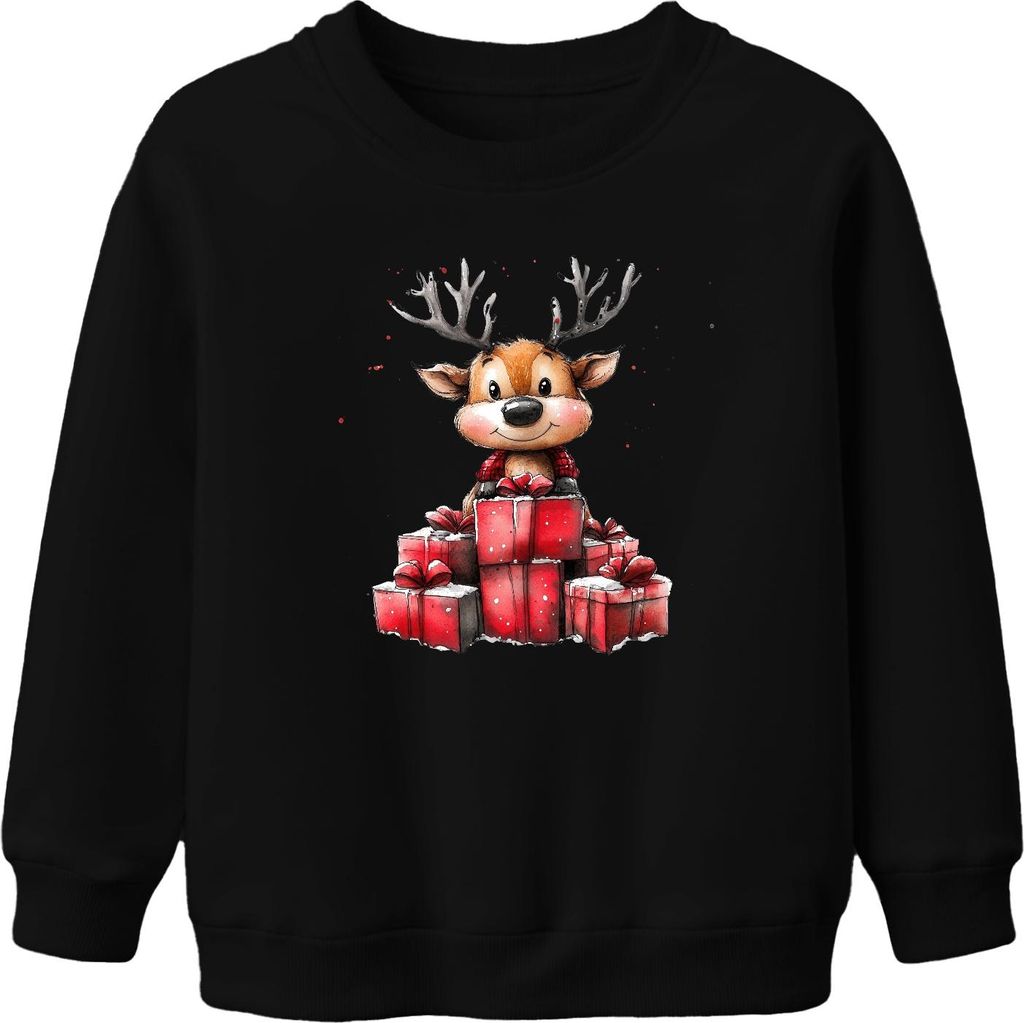Weihnachten Rentier mit Geschenken niedlich Aquarell Kinder Uni Kinder Sweatshirt Pullover, Schwarz, 140