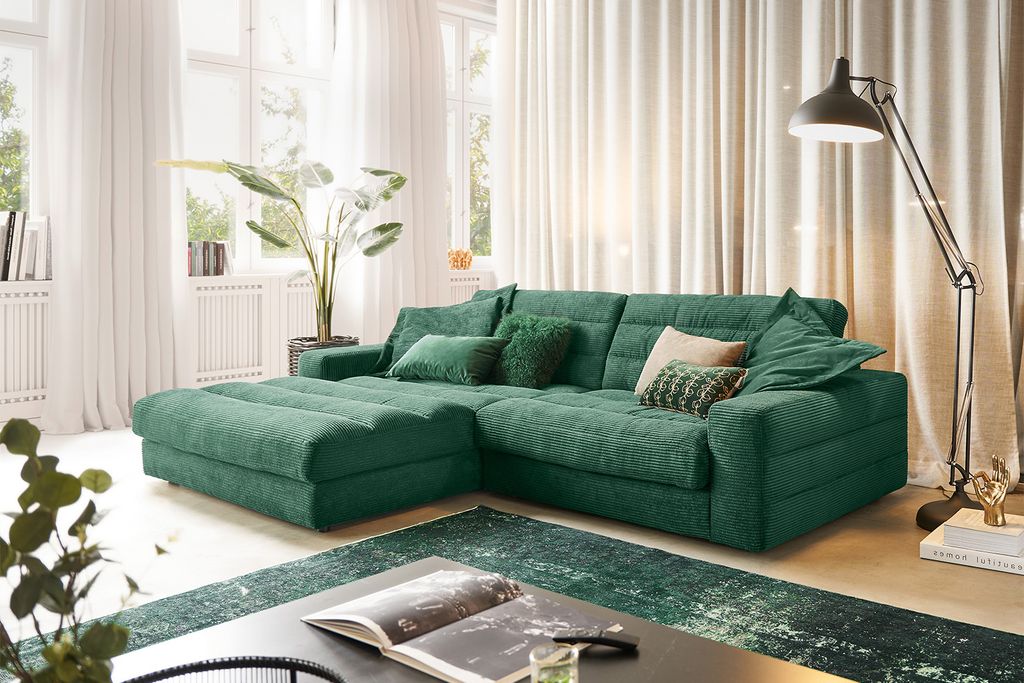KAWOLA Sofa LANA Ecksofa Cord smaragd Recamiere links