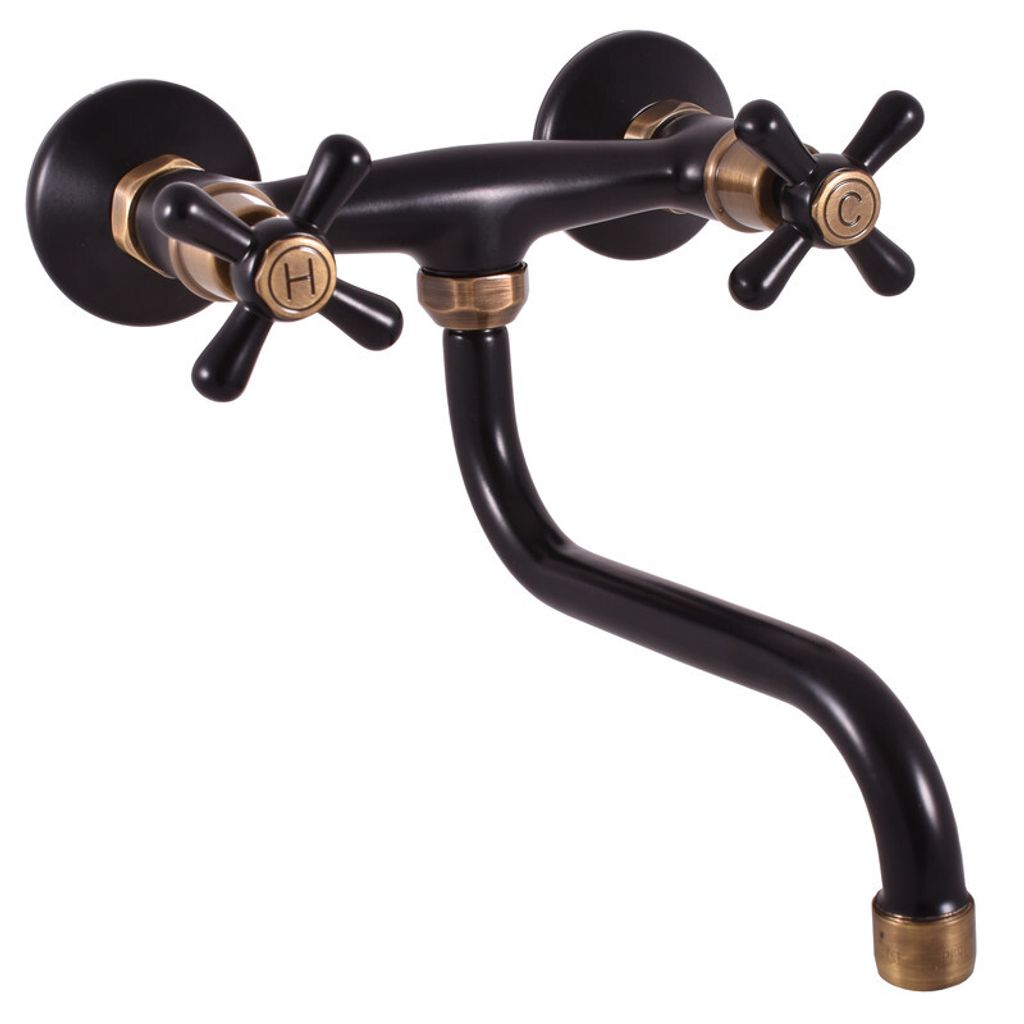 A wall-mounted kitchen faucet with two cross-shaped handles, one marked 'H' and the other 'C'. The faucet is black with brass accents.