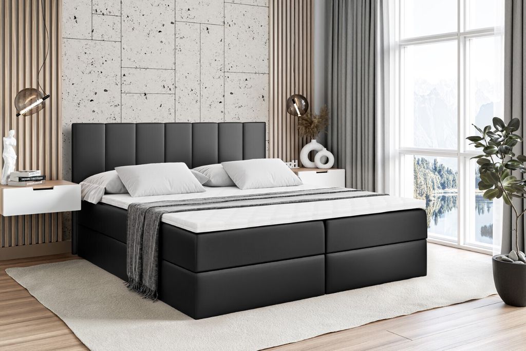 ALTDECOR Boxspringbett mit H3 Matratze und Topper - 180 x 200 cm - MOETI - Schwarz Kunstleder - Polsterbett mit Bettkasten und Lattenrost, Bett mit...