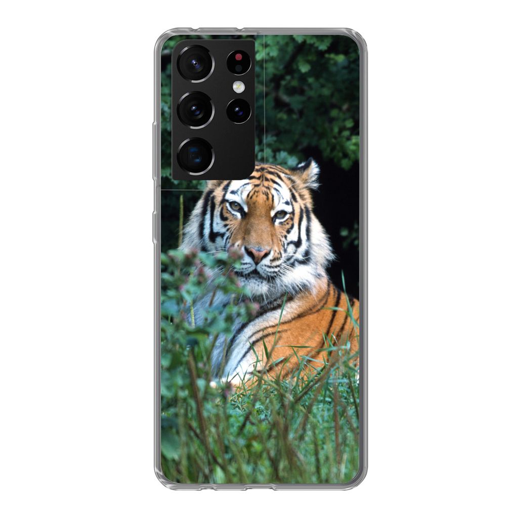 MuchoWow Handyhülle Schutzhülle Hülle für Samsung Galaxy S21 Ultra Tiger - Gras - Grün Silikon Softcase Handy Hülle - Mobiltelefon