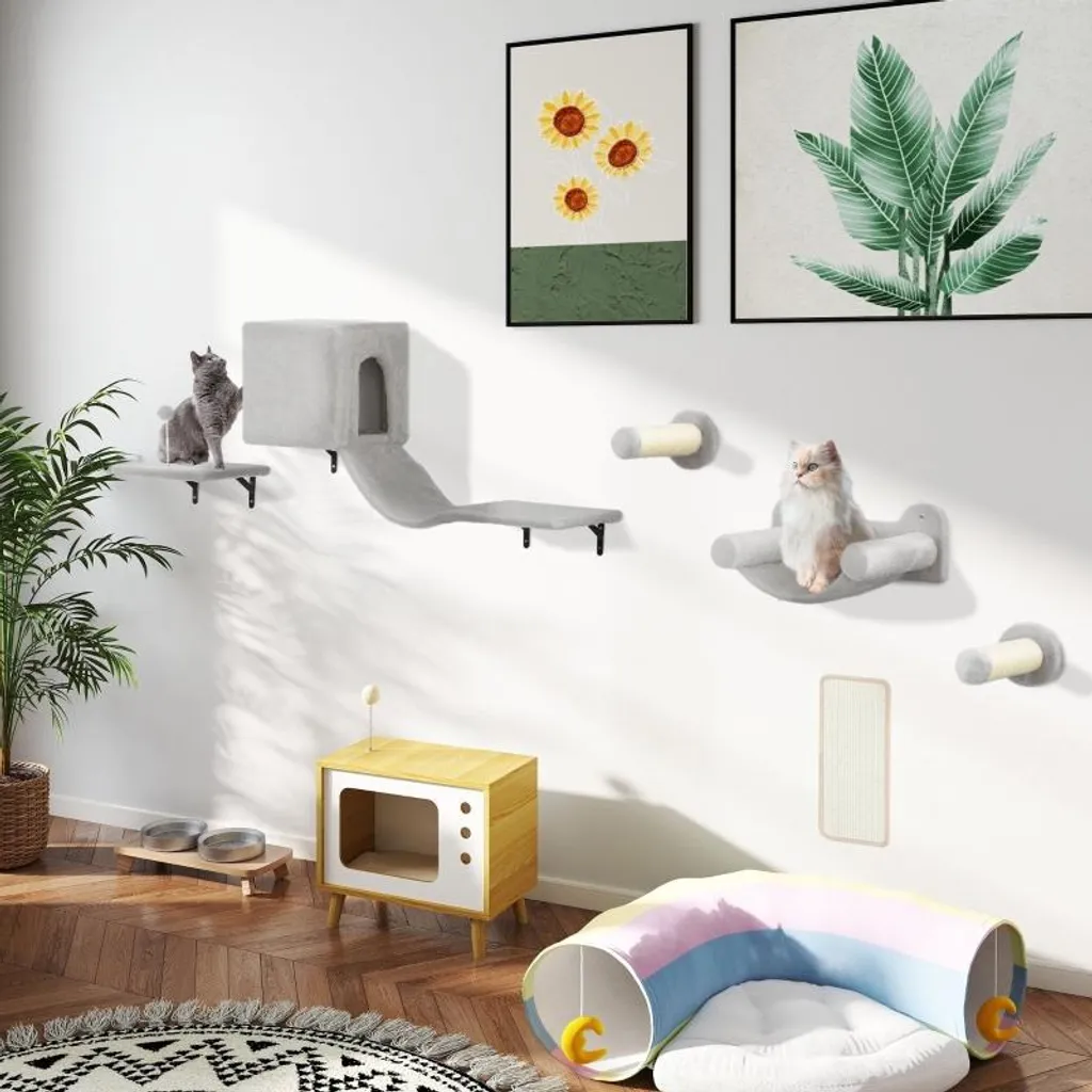 Mur d'Escalade Chat contre l'Ennui avec Griffoir et Hamac Suspendu Gris - 2