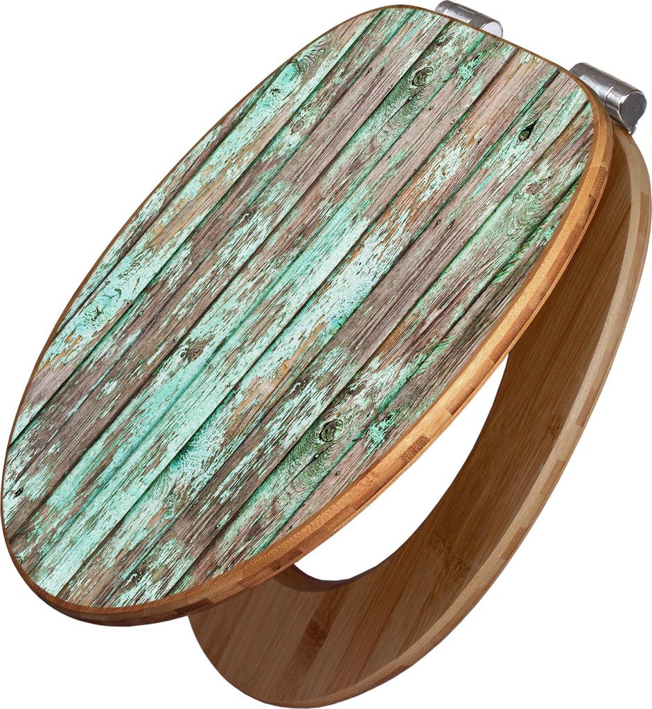 A toilet seat with a weathered wood design.