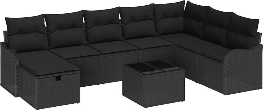 vidaXL Garten-Sofa-Set mit Kissen 9 pcs Schwarz Poly Rattan