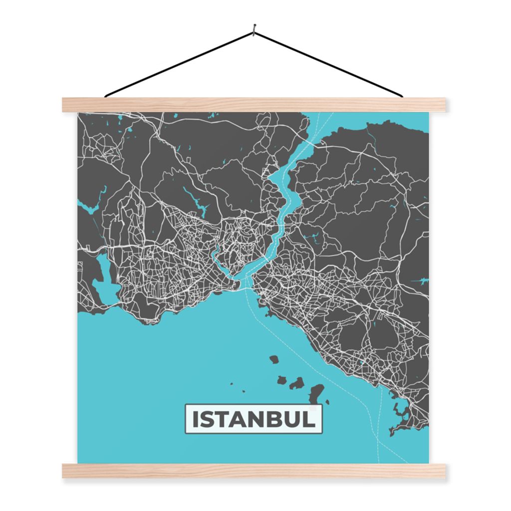 MuchoWow Textilposter Istanbul - Blau - Karte - Stadtplan - Karte 60x60 cm mit holzfarbenen Rahmen - Wanddekoration