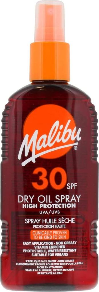Malibu | Sonnenöl Spray - 200 ml - Wasserfest - SPF 30 - Trockenes Öl - Hoher Schutz