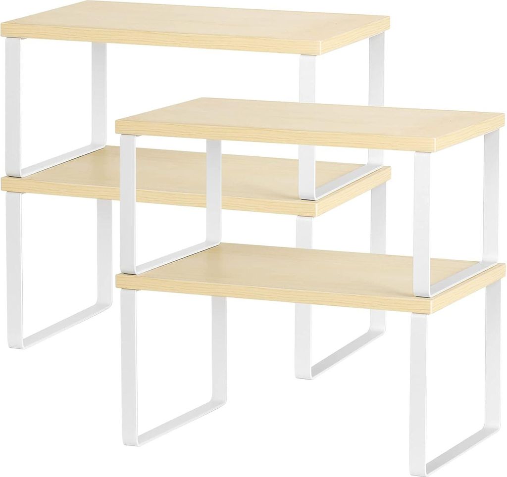 Küchenregale Set von 4 stapelbaren Schrankorganizerregalen und erweiterbaren Holzarbeitsplatten für Badezimmer und Arbeitszimmer Weiß