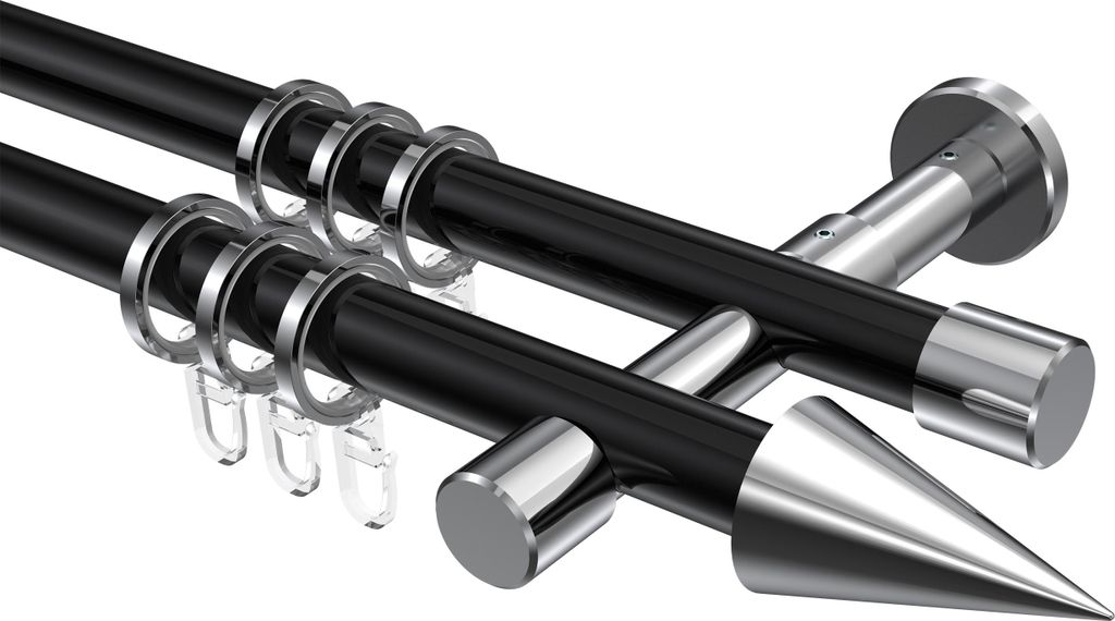 Interdeco Gardinenstange / Vorhangstange Schwarz / Chrom, Typ Prestige Savio (Kegel), 20 mm Ø 2-läufig, 480 cm
