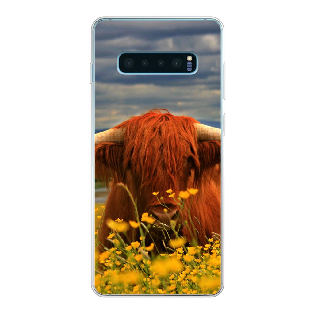 MuchoWow Handyhülle Schutzhülle Hülle für Samsung Galaxy S10 Plus Schottischer Highlander - Tiere - Blumen Silikon Softcase Handy Hülle - Sc...