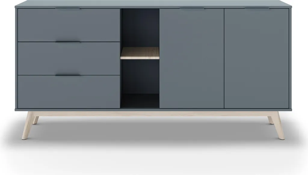 CALICOSY Buffet Pisco 165cm blanc/bois : 2 portes, 2 niches, 3 tiroirs