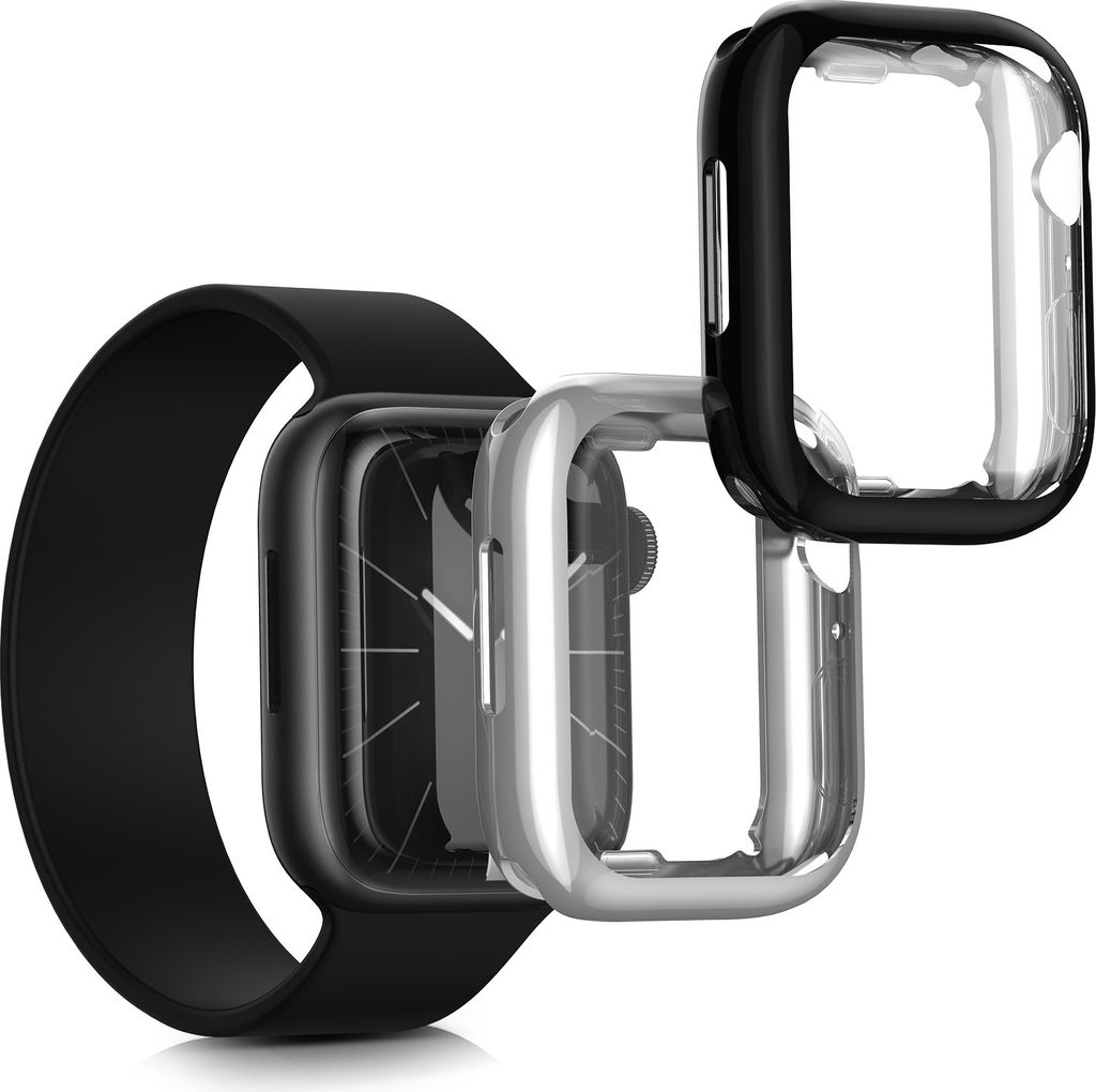 kwmobile 2x Schutzhülle kompatibel mit Apple 45mm Watch 9 / Watch 8 / Watch 7 (45mm) Hülle - Fullbody Cover Set aus Silikon - Schwarz Silber