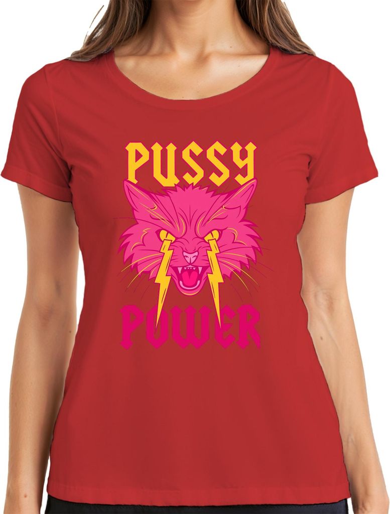 Pussy Power Frauenpower Katze Blitz Neon Punk Retro Feminismus Damen T-Shirt, Rot, XL