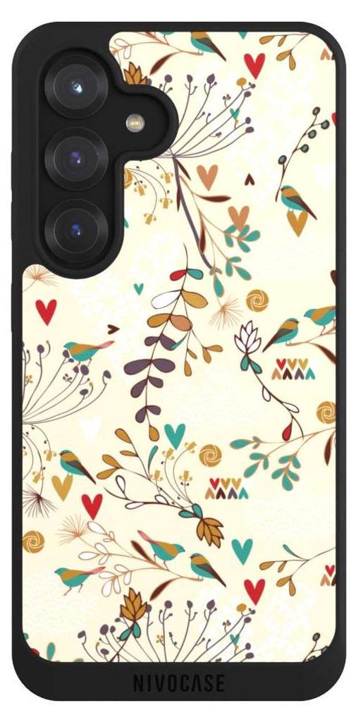 NIVOCASE Handyhülle für Samsung Galaxy S25 Hülle NIVOpure Case Schwarz Blumen Retro Vogel