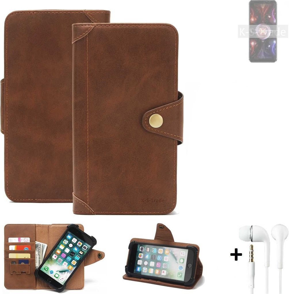 K-S-Trade Handyhülle + Kopfhörer für Asus ROG Phone 5s Pro Schutz Hülle Walletcase Bookstyle Tasche Case Handytasche Wallet Flipcase Cover PU