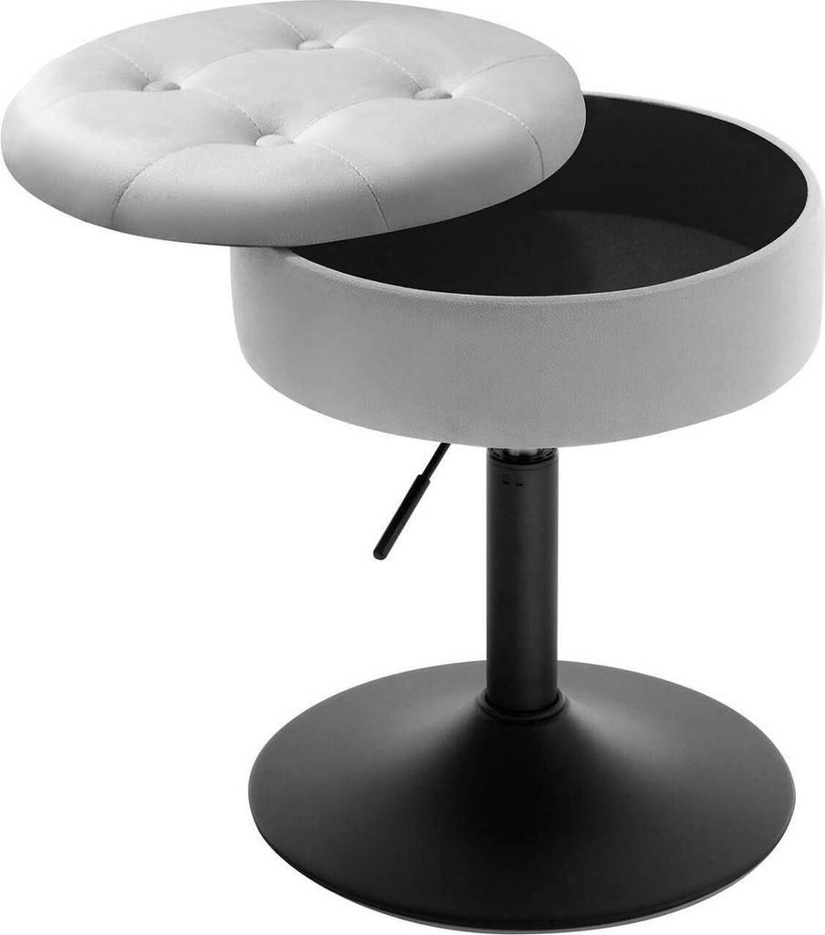A light gray storage stool with its lid open, revealing a black interior, is shown on a white background.